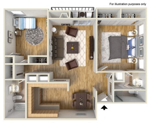 Floor plan for 2 beds, 2 baths, 956 sqft